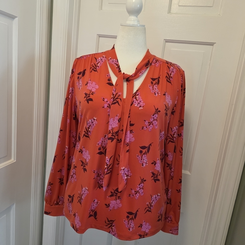 Ann Taylor Floral Tie-Neck Knit Top Size Large Orange & Pink, Colorful, Business